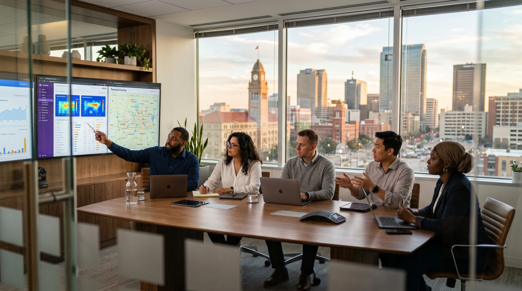 A diverse team of five in a boardroom presenting data on large screens with charts and a city skyline visible through windows.